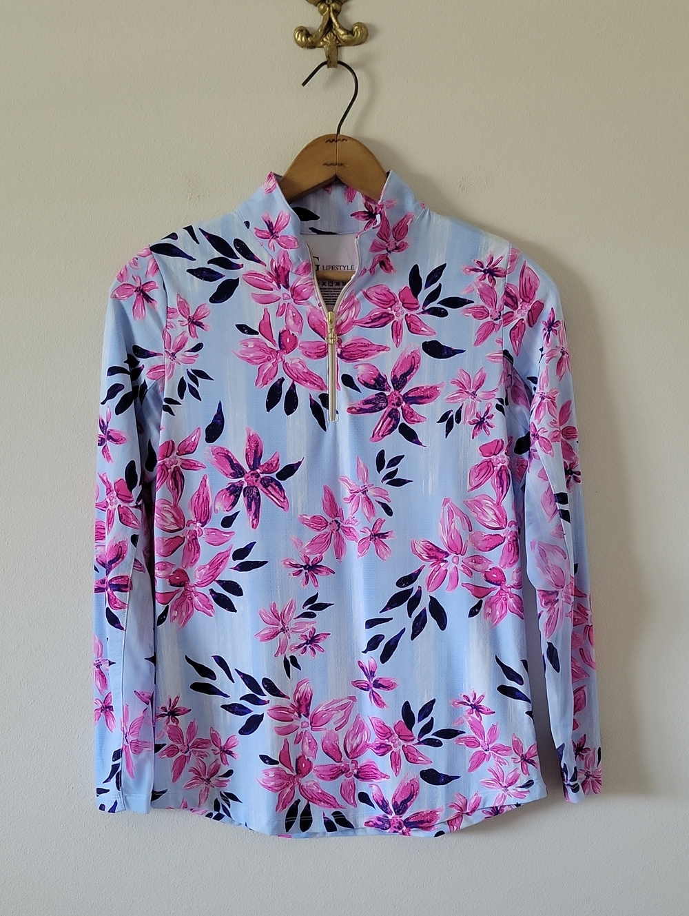 G‎ Lifestyle Blue Pink Floral 1/4 Zip Pullover Size Small